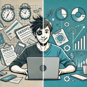 Contrast of stressed multitasking versus relaxed, efficient work to earn money without burnout